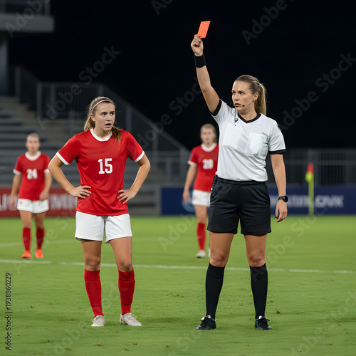 A female soccer referee holding up a red card to a player during a match