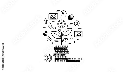 Financial growth concept with plant growing from coin stack investment profit monocolor vector illustration