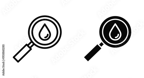 A simple black and white illustration of two magnifying glasses with a water droplet inside each lens on a plain white background