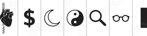 Assortment of black icons heart dollar sign moon yin yang magnifying glass glasses rectangle