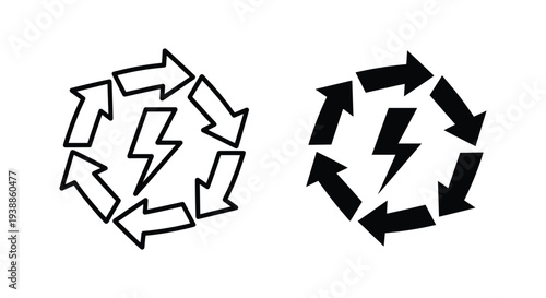 A stylized illustration of two recycling symbols with lightning bolts, one in black and one in white, on a clean background.