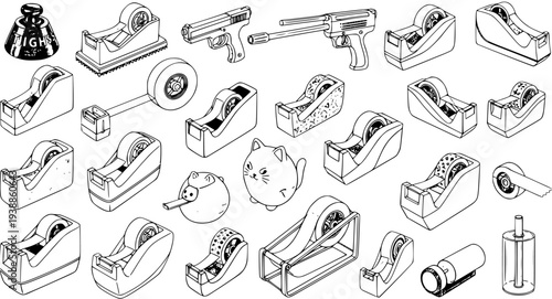Office Supplies and Stationery Line Art Collection: Hand-drawn Black and White Icons of Tape Dispensers, Measuring Tape, and Everyday Tools