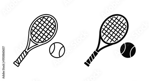 A simple black and white illustration of two tennis rackets and two tennis balls on a clean background