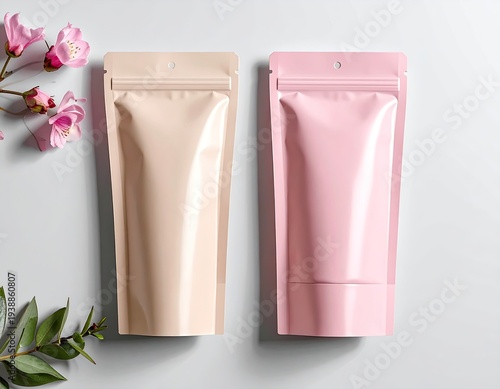 Two stand-up pouches, one beige and one pink, with a pink floral branch against a white surface