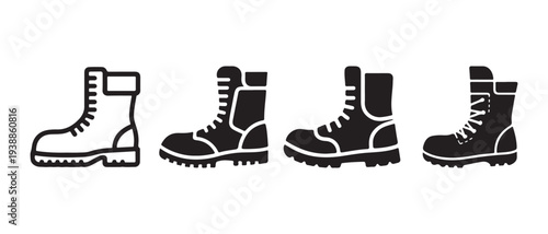 Collection of Black and White Vector Icons Illustrating Various Styles of Military and Combat Boots.