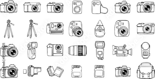 Photography  Videography Equipment Line Art Icons Set. Black  White Outline Sketch of Cameras, Lenses, Flashes, Tripods, and Imaging Gear