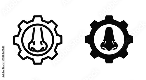 A pair of black and white icons featuring a nose in a gear on a plain background