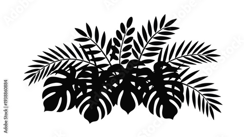 Tropical leaf silhouettes in a lush arrangement on white background for design