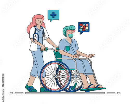 Vector illustration of Nurse Pushing Patient In Wheelchair Representing Comprehensive Hospital Care Services. Can be used for company websites, Hospital websites, campaigns, brochures, marketing, post