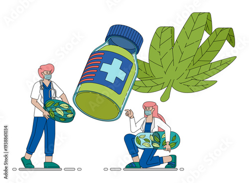 Vector illustration of Doctor Holding Herbal Capsule With Natural Leaves Representing Alternative Medical Treatment. Can be used for company websites, Hospital websites, campaigns, brochures, marketin