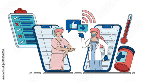 Vector illustration of Doctors And Patients Using Mobile Hospital App For Connected Digital Healthcare. Can be used for company websites, Hospital websites, campaigns, brochures, marketing, poster ads