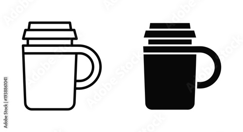A simple black and white illustration of two coffee cups with lids