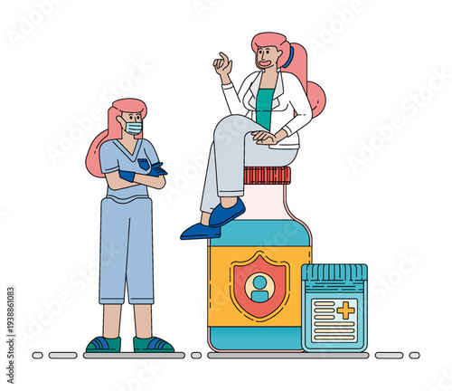 Vector illustration of Doctor And Patient Discuss Treatment Planning With Insurance Covered Medication. Can be used for company websites, Hospital websites, campaigns, brochures, marketing, poster ads