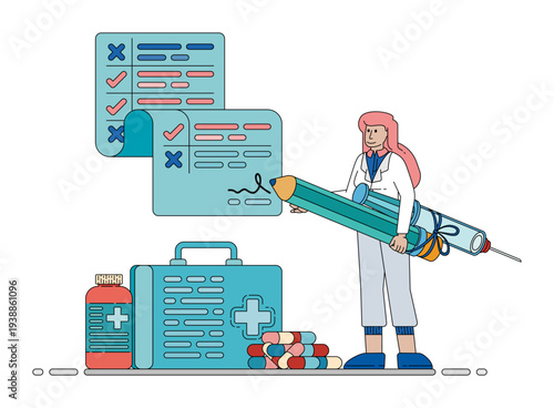Vector illustration of Doctor Prescribing Medication Using Giant Syringe Medical Metaphor Concept. Can be used for company websites, Hospital websites, campaigns, brochures, marketing, poster ads