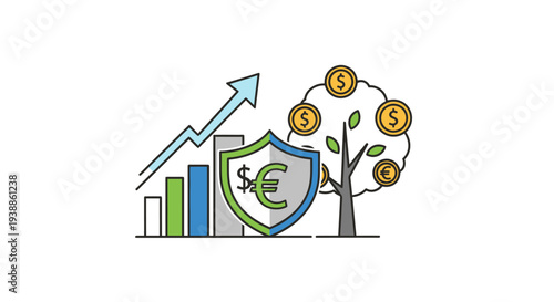 Wealth growth concept with money tree and protective shield