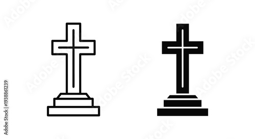 A simple illustration of two crosses on pedestals in black and white