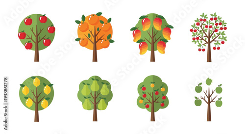 Collection of eight colorful flat vector fruit tree icons featuring apple, orange, mango, cherry, lemon, pear, and plum trees isolated on a white background.