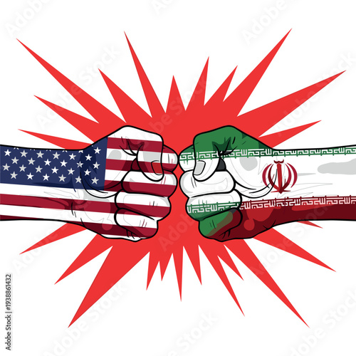 USA and Iran Flag Painted Fists Colliding with Red Explosion Background Symbolizing Political Conflict and Tension