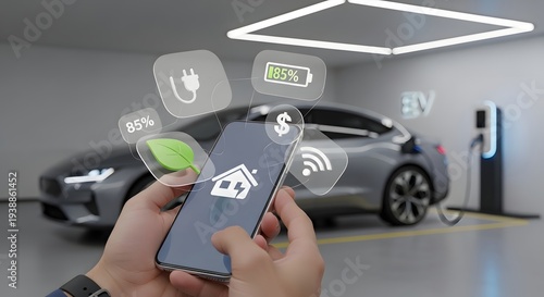 Hand holding smartphone with EV charging app in modern garage
