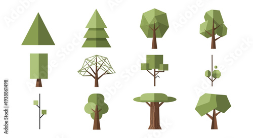 Vector Set of Twelve Minimalist Geometric Tree Icons in Flat Design Style Featuring Various Shapes Including Triangles and Polygons for Modern Graphic Design Projects