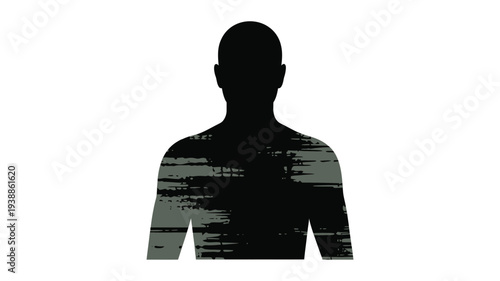 Glitchy silhouette of a man with distressed digital effect on arms representing technology failure or cyber attack