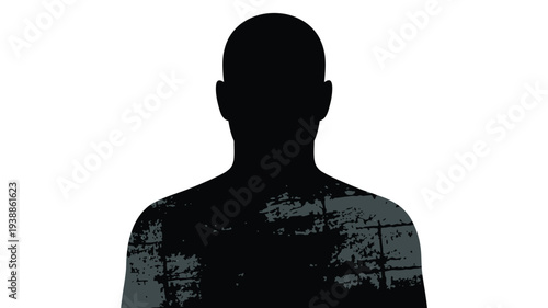 Distressed silhouette of a bald man from the back with a grungy texture on his shoulders against a plain white background