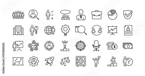 Business Team and Management Line Icons Set. A collection of 32 black and white line icons representing business concepts such as teamwork, analytic, finance, communication, achievement, and strategy.