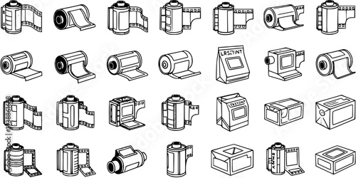 Black and White Line Art Icons of Film Rolls and Boxes for Photography