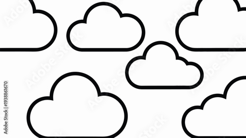 Vector illustration of white clouds outlined in black on a white background for design and decoration
