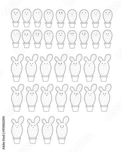 Cactus emoji collection with various facial expressions line art set