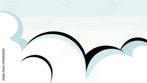 Minimalist vector illustration featuring stylized white clouds with black outlines against soft gradient blue sky background