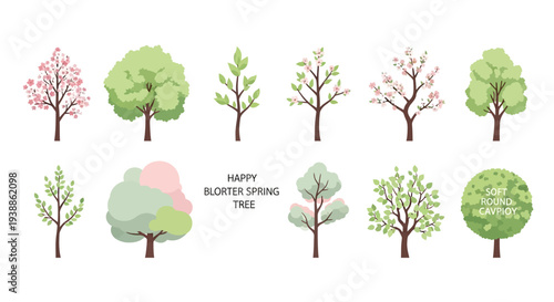 Comprehensive collection of flat vector spring trees featuring green leaves and pink cherry blossoms on a clean white background for nature design projects.
