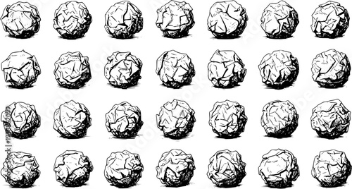 Black and White Hand-Drawn Crumpled Paper Balls Line Art Collection for Business Ideas, Creative Brainstorming, Education, and Waste Concepts.
