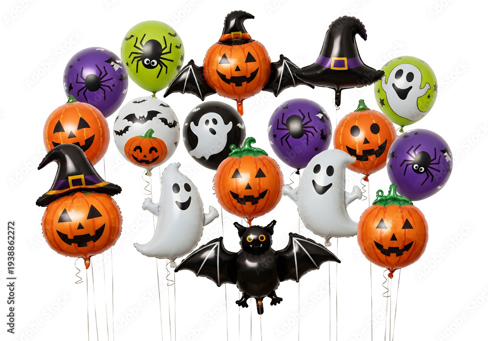 Obraz premium Halloween Balloons Pumpkins Ghosts Bats Witch Hats Orange Purple Green Spiders Isolated