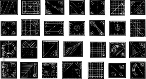 Black  White Geometric Engineering  Architecture Glyphs. Vintage Line Art Set of Technical Drawing Shapes, Drafting Tools  Math Diagrams.