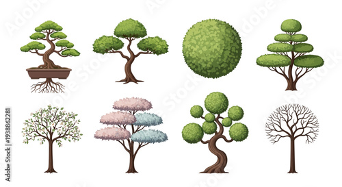 Diverse Collection of Eight Stylized Tree Icons Featuring Bonsai, Flowering, and Seasonal Designs Isolated on White for Landscape Architecture and Web Graphics