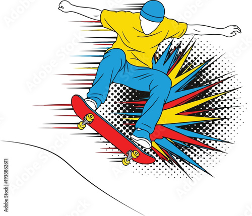 Dynamic Pop Art Skateboarder Jumping with Colorful Comic Style Explosion Background