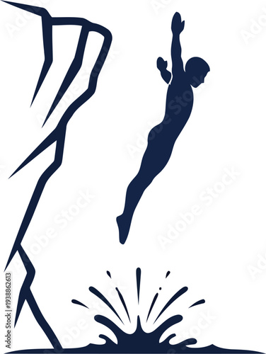 Silhouette of Person Cliff Diving into Water Splash Vector Illustration for Adventure and Extreme Sports Concepts