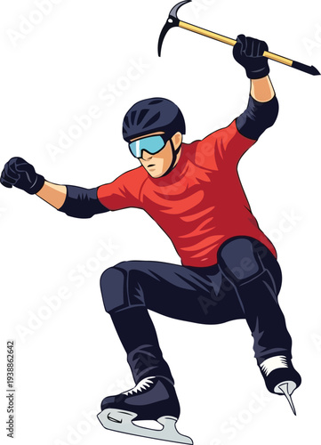 Extreme winter sports athlete ice skating with ice axe in dynamic action pose, vector illustration