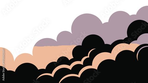 Minimalist vector art illustration of layered clouds at sunset with gradient sky and black silhouettes