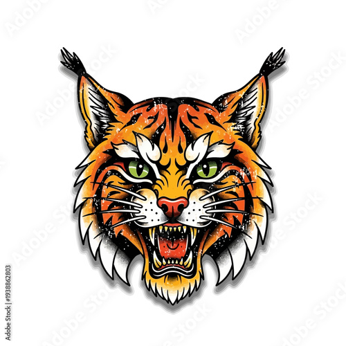 Aggressive Bobcat Head Illustration with Green Eyes and Open Mouth