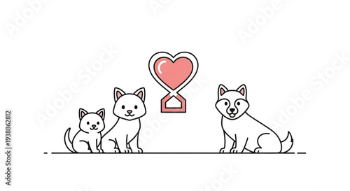 Three white dogs sitting with a heart shaped pendant on a line drawing