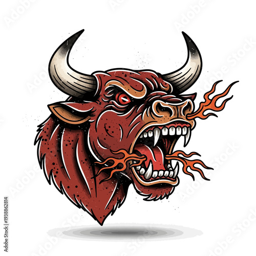 Aggressive bull head with fire from mouth, tattoo style