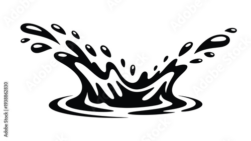 Dynamic black liquid splash illustration with abstract droplets and ripples on white background perfect for graphic design projects