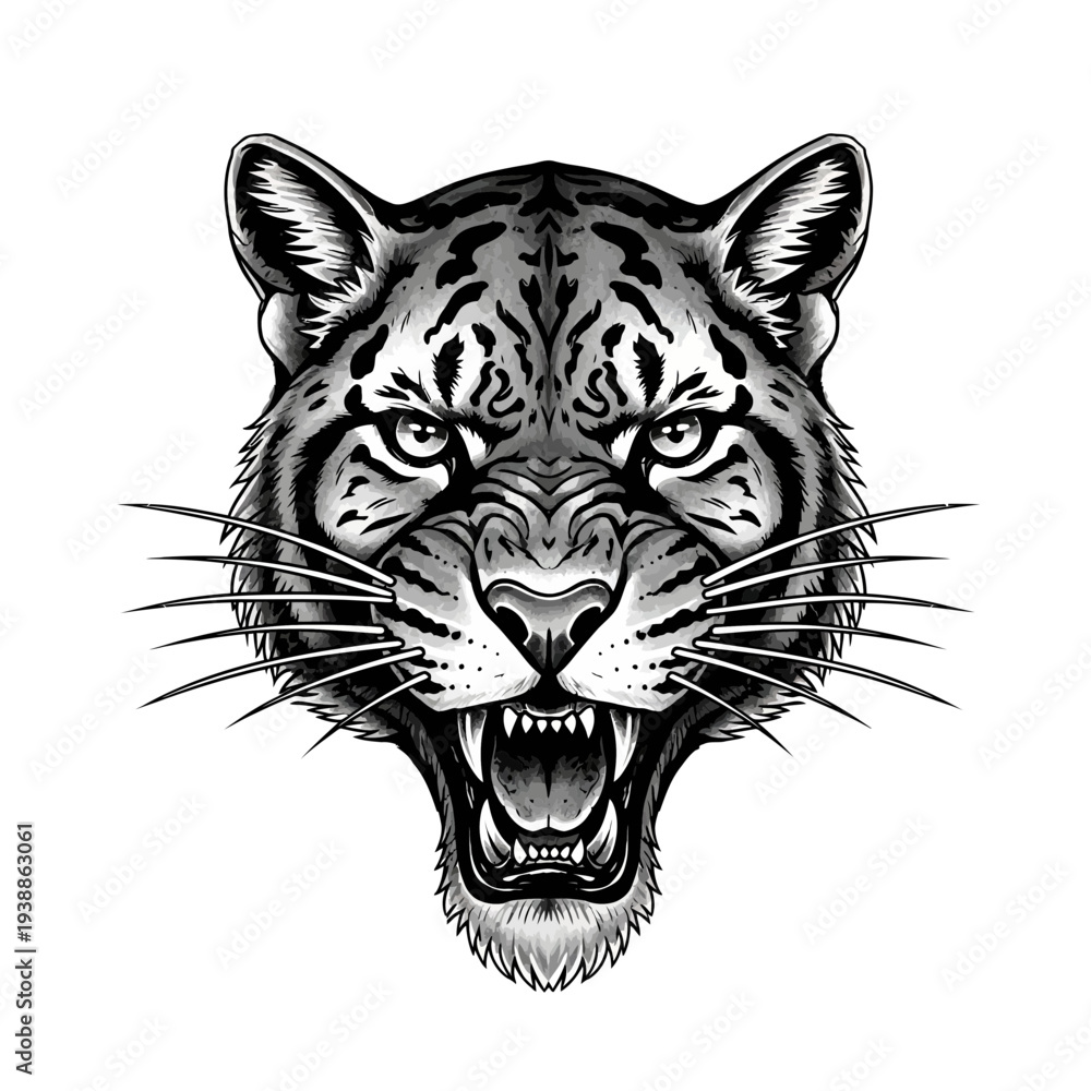 Fototapeta premium Aggressive Tiger Head Illustration, Roaring, Black and White
