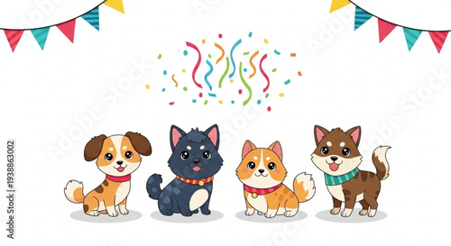 Four cartoon dogs and cats celebrating with colorful party decorations and confetti on white background
