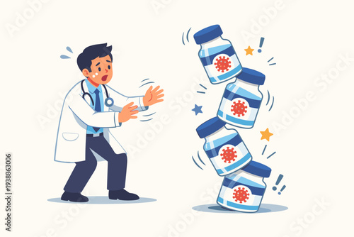 Worried Doctor Trying to Catch a Falling Stack of Coronavirus Vaccine Vials, Concept for Vaccine Instability, Side Effects, Low Efficacy Rate, and Medical Safety Challenges in Pandemic Crisis.