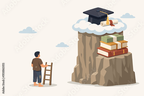 Expensive University Tuition and Education Gap Concept with Poor Student Holding Small Ladder Looking at Graduation Cap on High Mountain with Money and Books, Social Inequality and Opportunity.