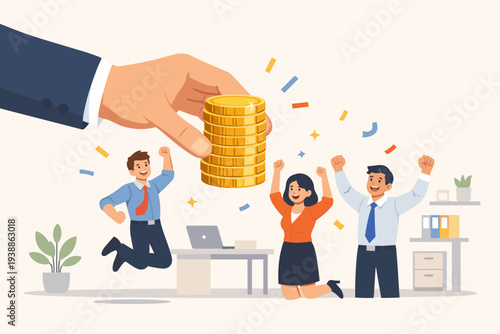 Happy office employees celebrating a salary increase or bonus reward from a giant hand holding a stack of gold coins. Business success, financial motivation, and corporate performance concept art.