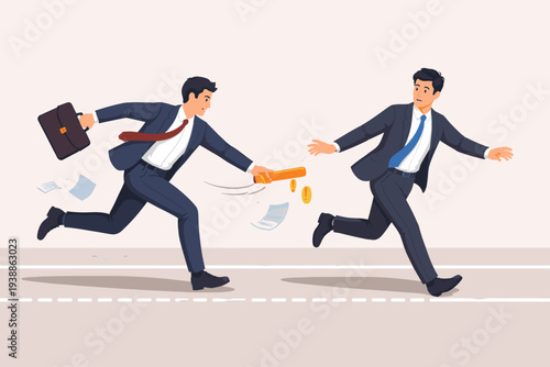 Two businessmen in suits failing a baton pass in a relay race, representing a bad work transition, business mistake, or project failure with flying papers and coins symbolizing financial loss.